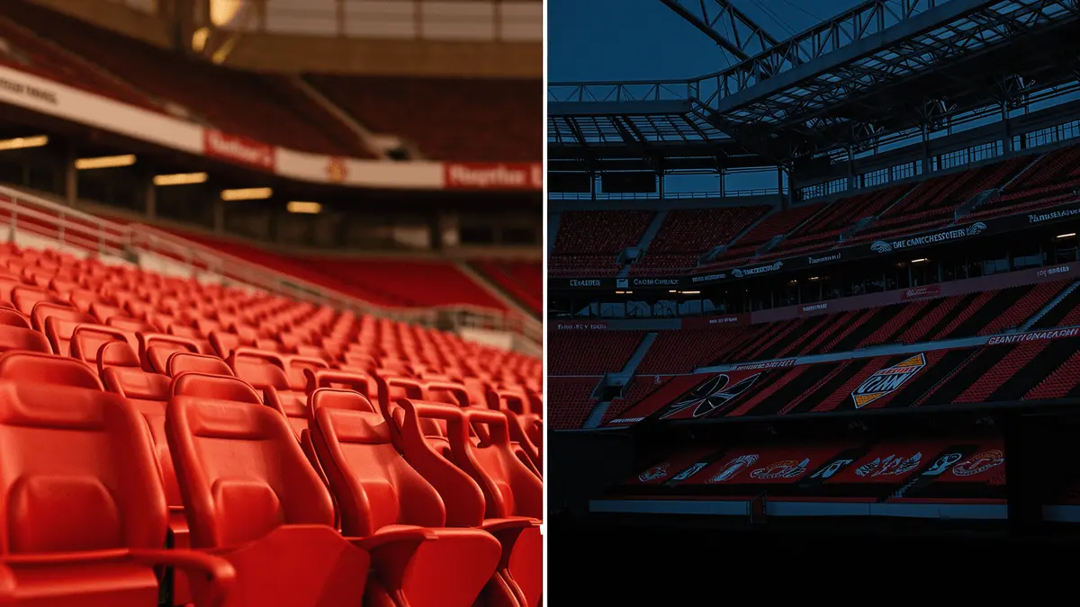 Split stadium composition showing Manchester United and AC Milan dugouts ahead of August preseason clash