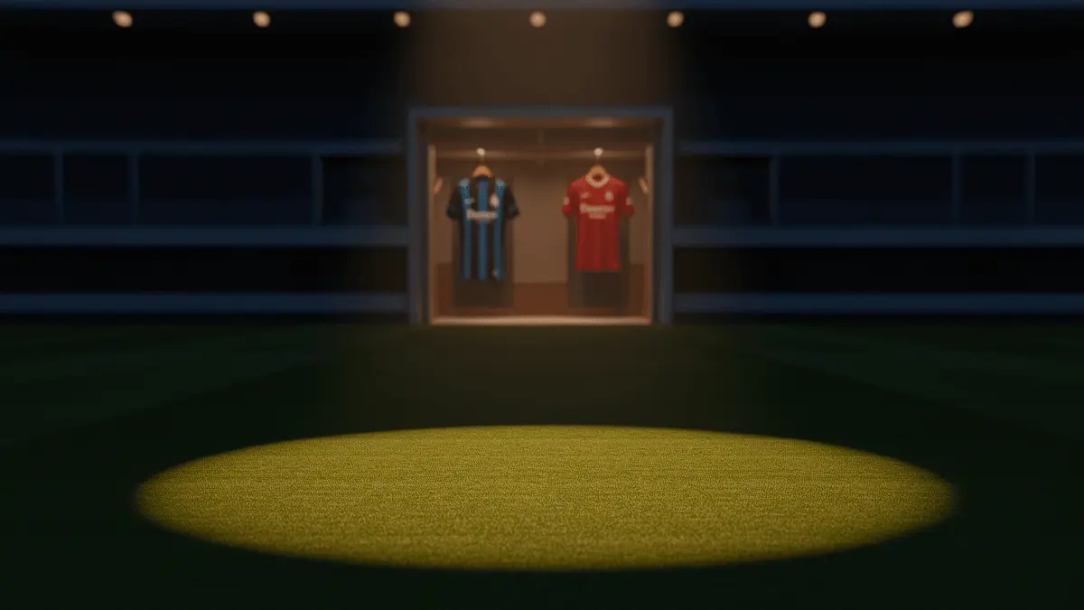 Empty football pitch midfield with competing team jerseys symbolizing transfer battle