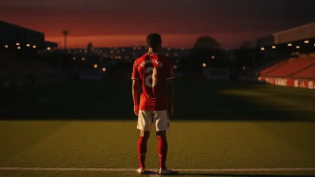 Footballer in red jersey standing alone on pitch at dusk contemplating uncertain future
