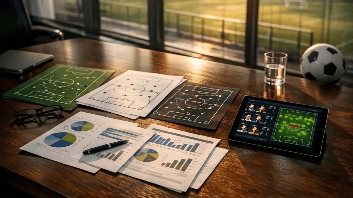 Manchester United executive boardroom with transfer strategy documents and football analytics