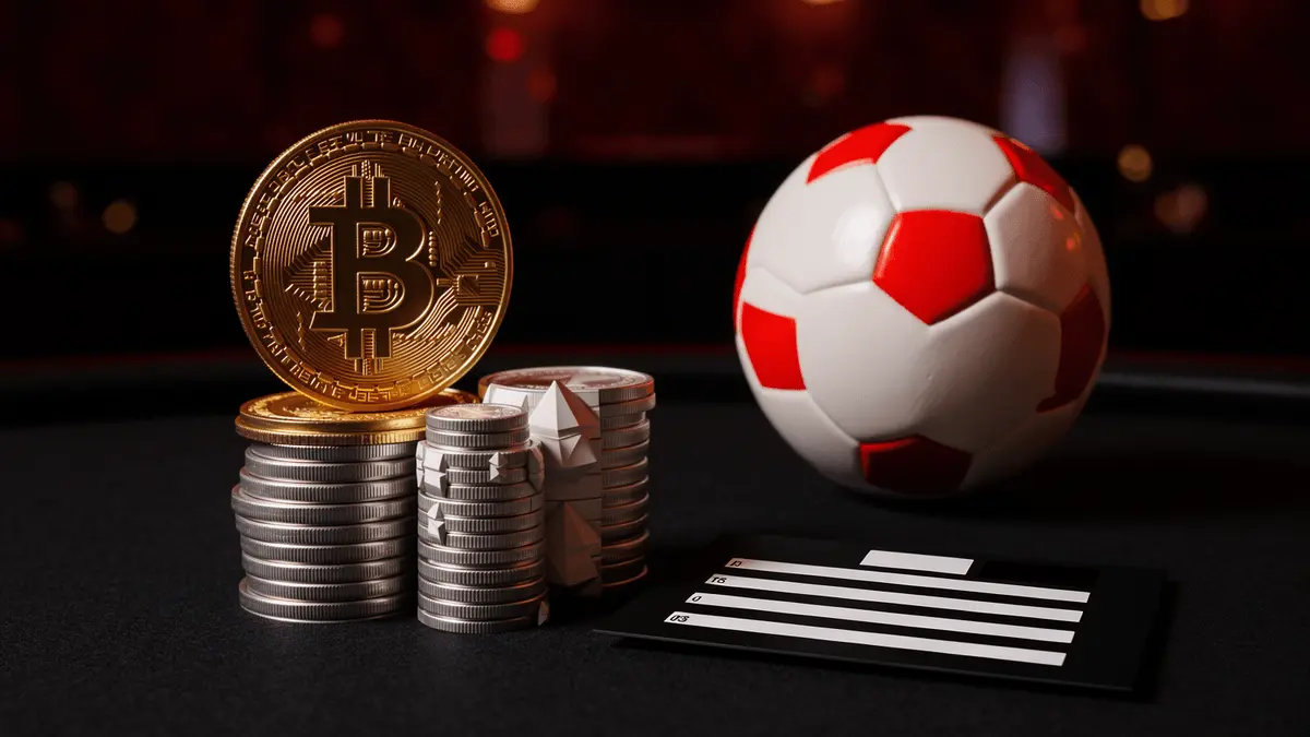 Stacked Bitcoin, Ethereum and USDT crypto coins on betting table with football and betting slip