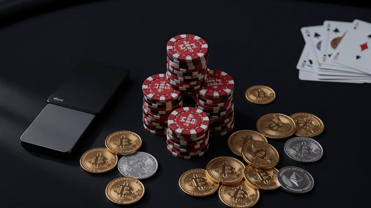 Premium crypto casino table with Bitcoin coins, casino chips in red black white, and hardware wallet on black felt