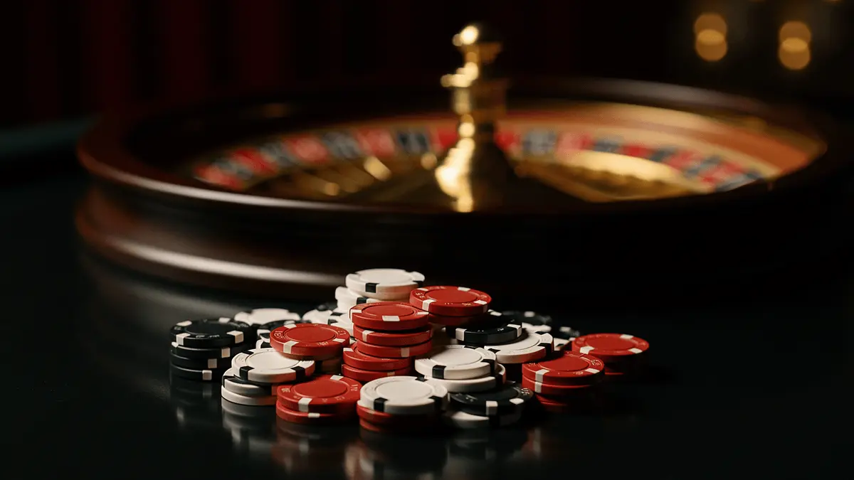 Casino chips and roulette wheel on glossy black table with warm lighting for UK Curacao casino guide