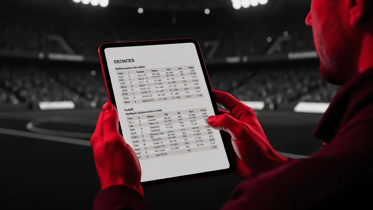 Focused football fan analyzing betting data with stadium background in dramatic red and black lighting