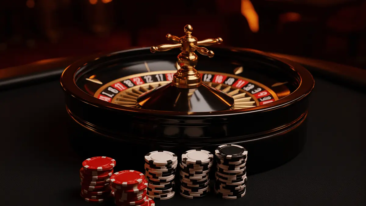 Red and black roulette wheel with stacked casino chips on premium gaming table for UK free spins offers