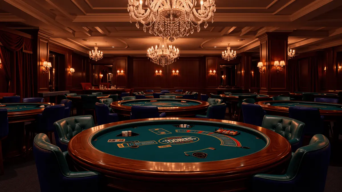 Luxury UK high roller casino interior with gaming tables, crystal chandeliers and premium seating