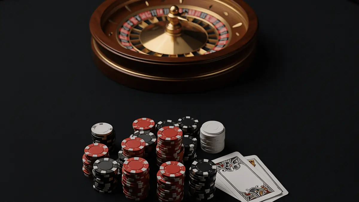 International casino roulette wheel and poker chips for UK players in red, black, and white