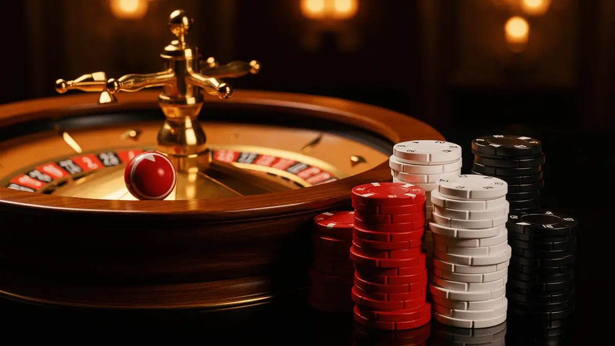 European roulette wheel and stacked casino chips in red, white and black on glossy casino table