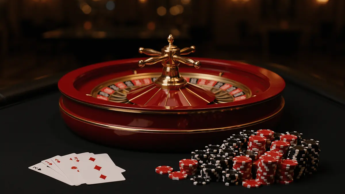 Red and gold roulette wheel with stacked casino chips on black felt table