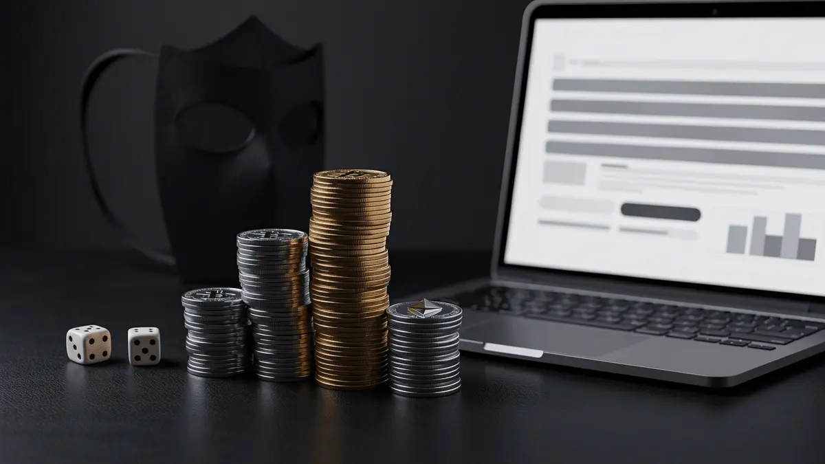 Bitcoin and Ethereum coins on black table with privacy mask, representing anonymous crypto casino banking UK 2026