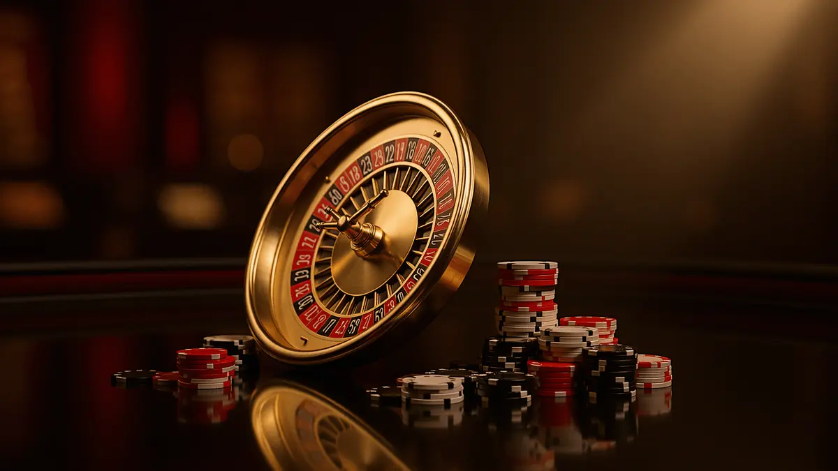 Gold and red roulette wheel with stacked casino chips on reflective gaming table