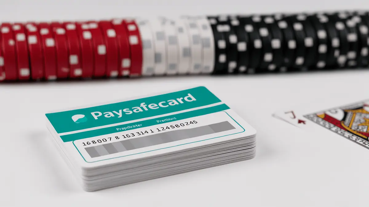 Paysafecard prepaid vouchers with casino chips in red, white and black on white surface