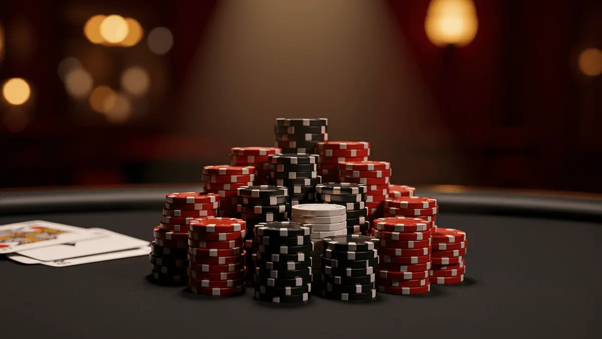 Red, black and white poker chips stacked on dark casino table with cards face-down