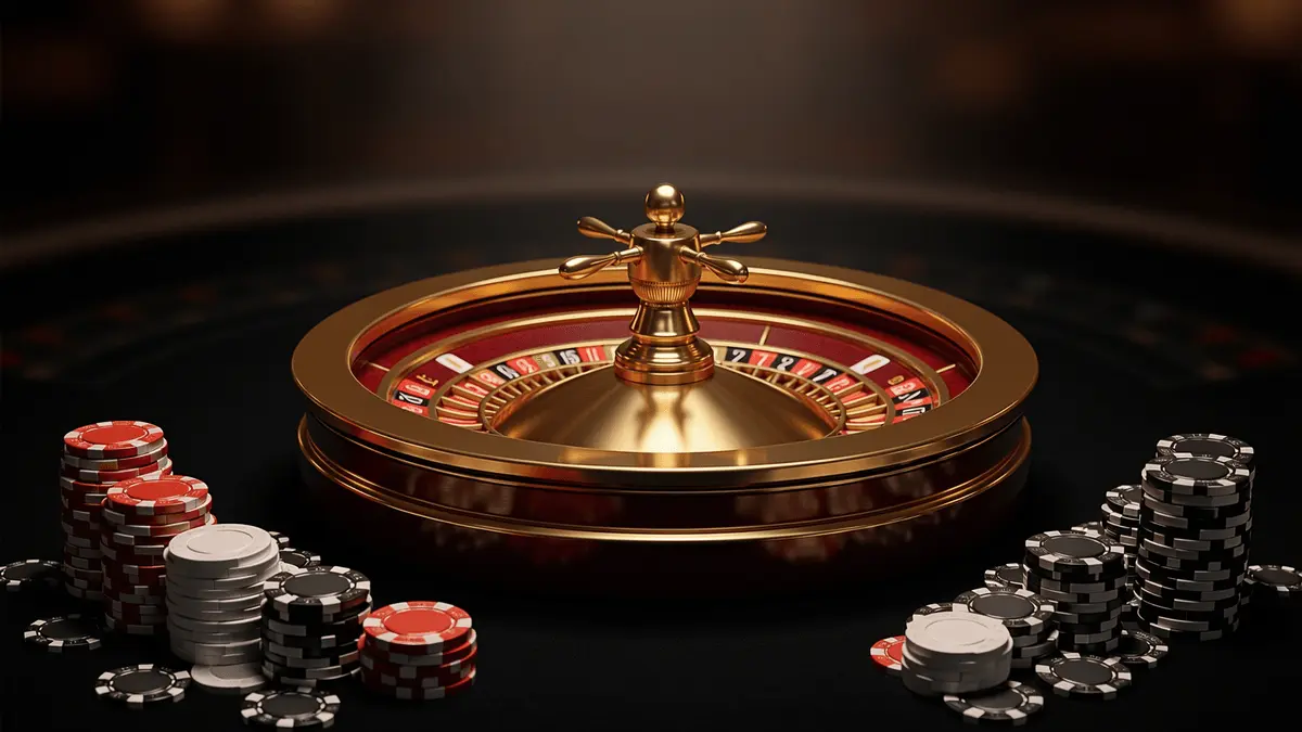 Premium roulette wheel with casino chips on glossy table for UK non-GamStop sites