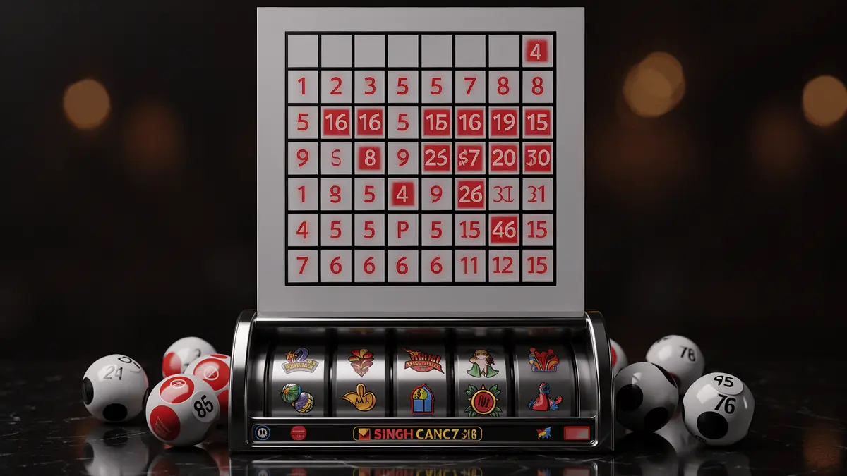 Slingo game grid with numbered bingo balls and slot reel on reflective surface