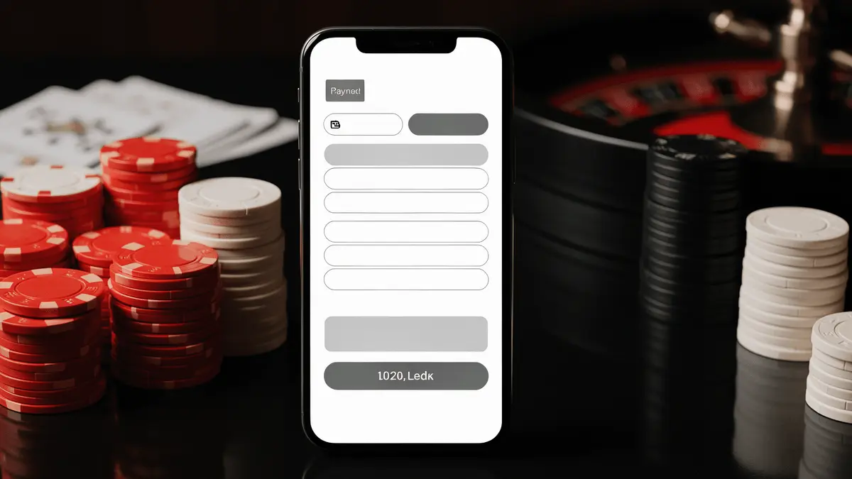 Smartphone showing banking app on casino table with red, white and black chips for Trustly instant payments