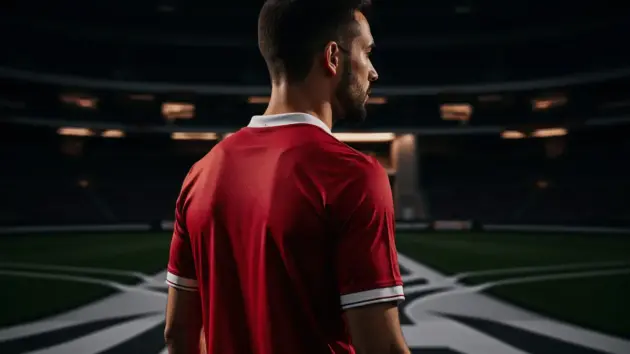Football player in red jersey at stadium crossroads contemplating transfer decision