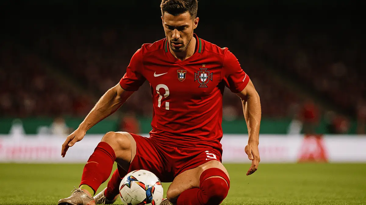 Portugal defender making tactical defensive play during 2026 World Cup match in red national team kit