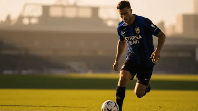 Éderson in Atalanta jersey controlling ball on pitch with Old Trafford visible in background