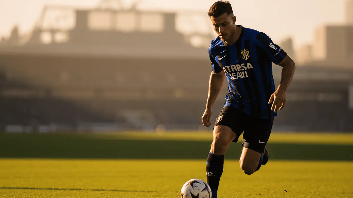 Éderson in Atalanta jersey controlling ball on pitch with Old Trafford visible in background