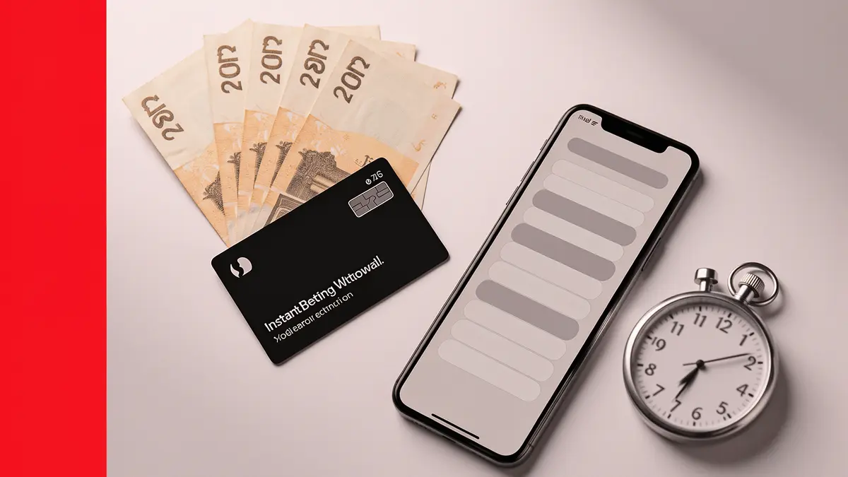 Fast betting withdrawal concept with debit card, cash, and mobile transaction screen on clean white surface