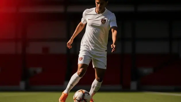 Young midfielder in training with football, red and black stadium backdrop suggesting Manchester United move