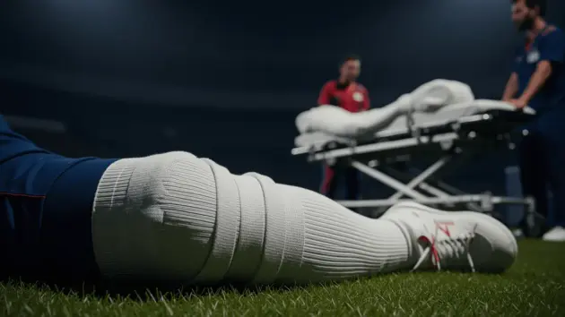 Footballer knee injury on stretcher at stadium - medical emergency during World Cup match
