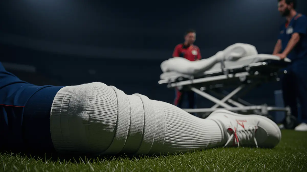 Footballer knee injury on stretcher at stadium - medical emergency during World Cup match