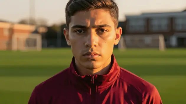 Young footballer in red training gear on professional academy pitch representing United's youth recruitment