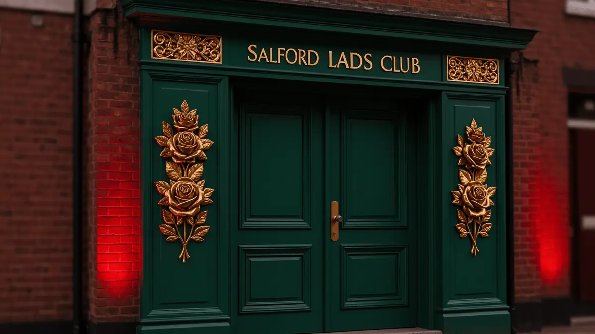 Salford Lads Club entrance with gold Lancashire roses on green panels