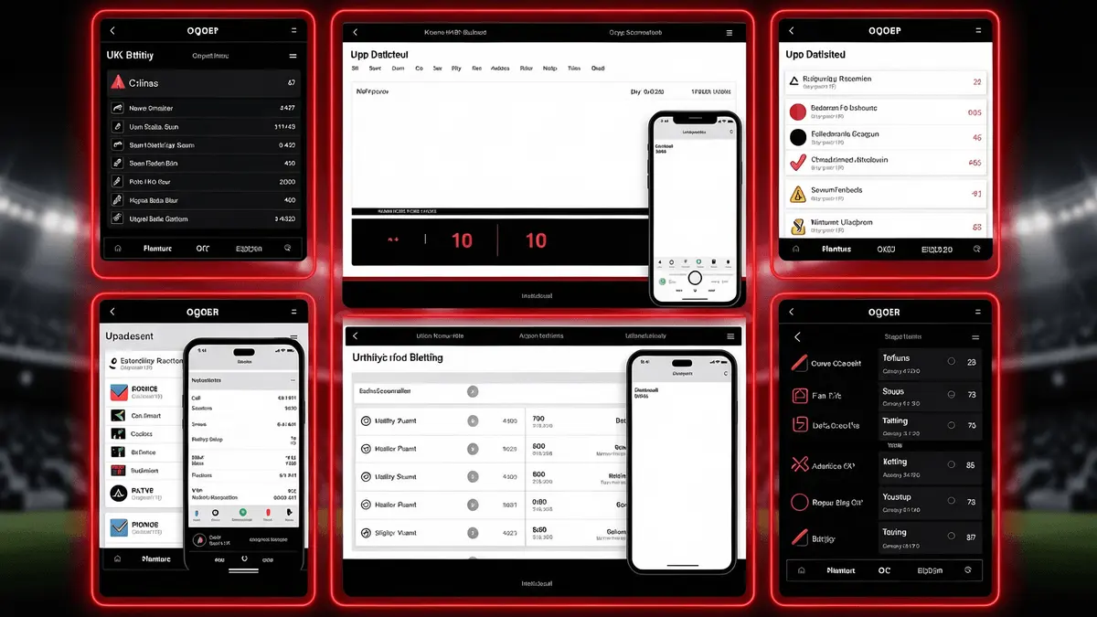 Modern digital betting platforms and apps for UK 2026 with red, black and white design accents