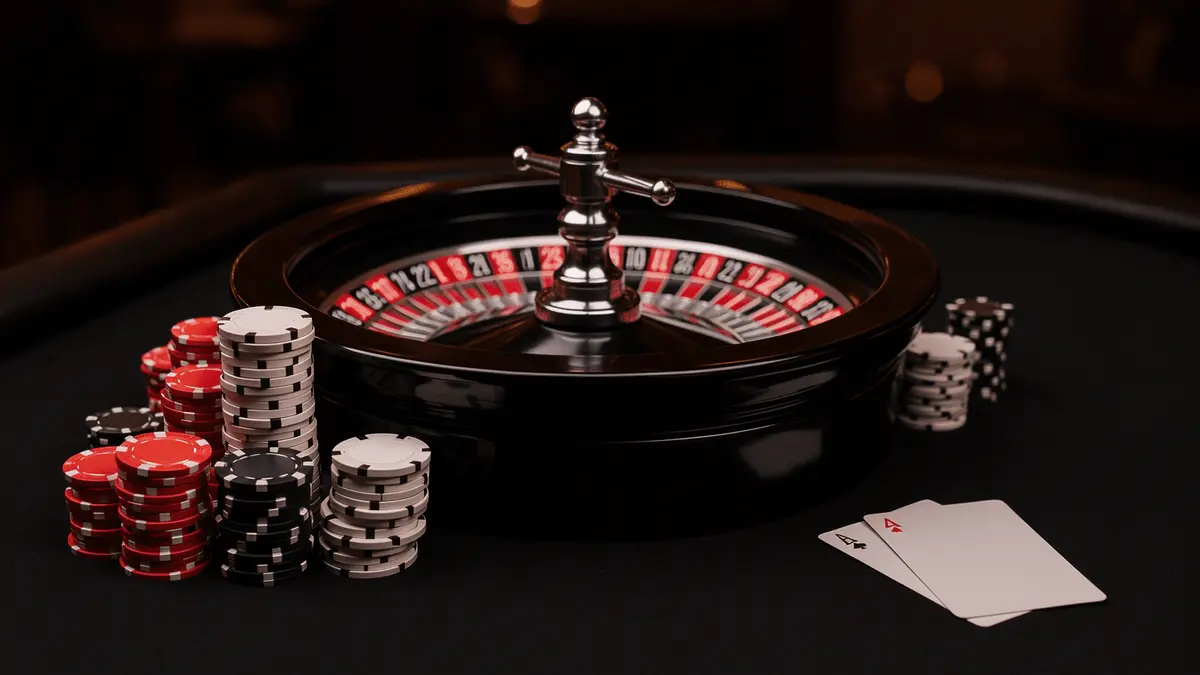 Premium roulette wheel with red, black and white casino chips on black felt table for new UK casino sites 2026