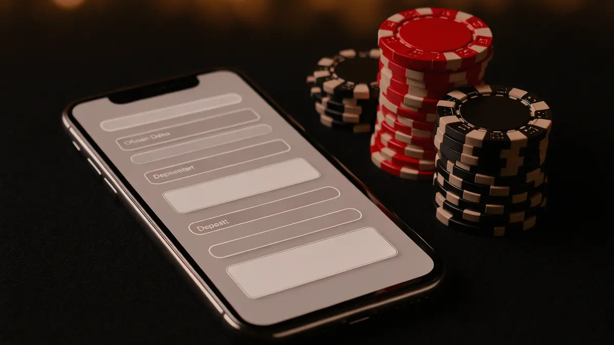 Smartphone showing mobile casino deposit interface with casino chips on black table for UK pay by phone gambling