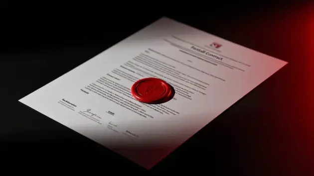 Contract document with red seal on black surface representing Rashford's release clause