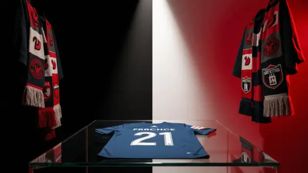 Football transfer negotiation scene with club scarves and player shirt under dramatic lighting