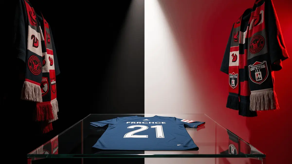 Football transfer negotiation scene with club scarves and player shirt under dramatic lighting