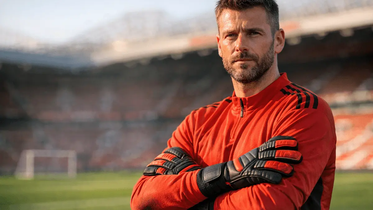 Experienced goalkeeper in Manchester United training gear at Old Trafford training ground