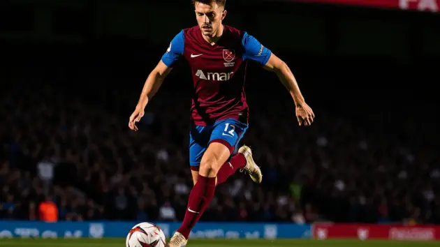 Young footballer in West Ham kit controlling ball during Premier League match action