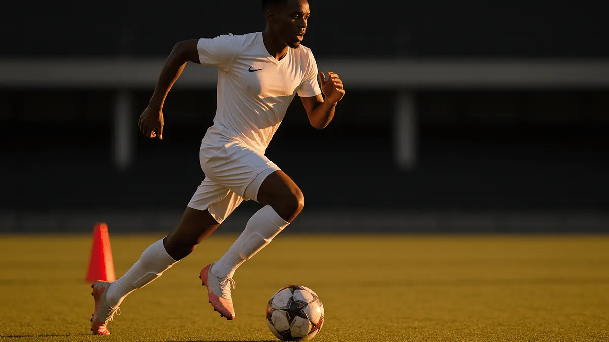 Young left-back footballer sprinting with ball in training session