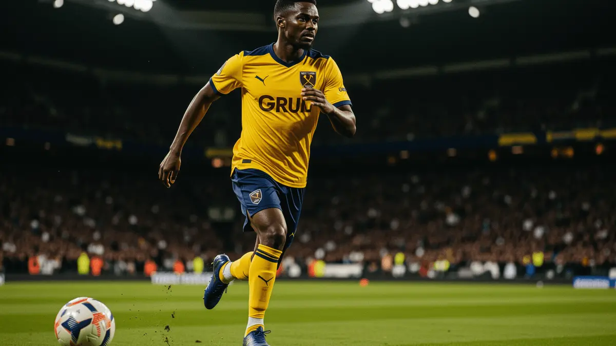 Crysencio Summerville sprinting with ball in West Ham kit under stadium lights