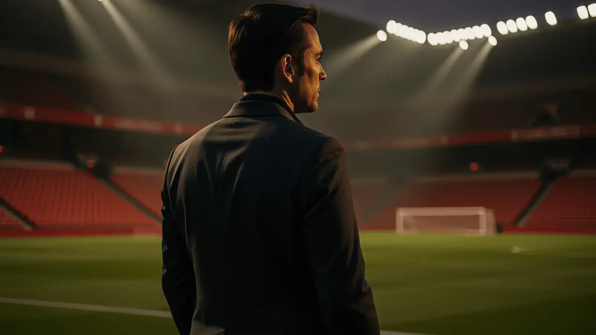 Football manager standing alone on touchline at dusk in modern stadium with red and black accents