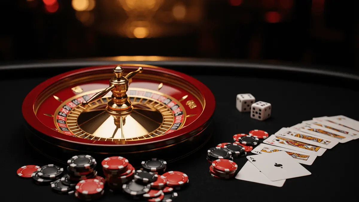 Luxury casino roulette wheel with red, black and white chips on premium gaming table