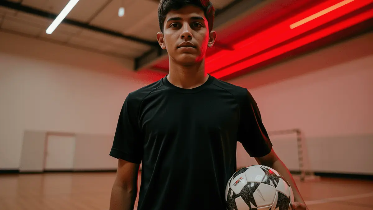 Young footballer in training kit at modern academy facility with dramatic red and black lighting