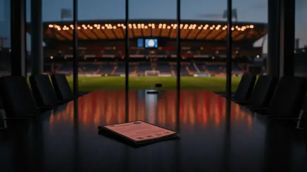 Empty boardroom with financial documents overlooking illuminated football stadium at dusk