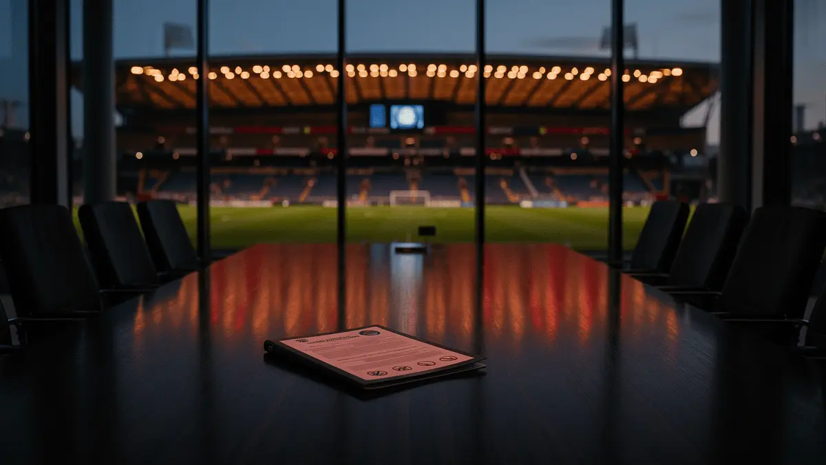 Empty boardroom with financial documents overlooking illuminated football stadium at dusk