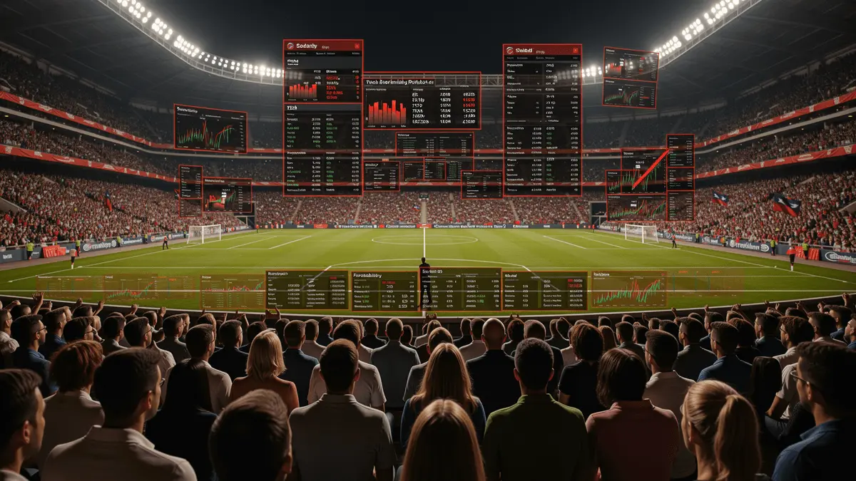 Dynamic World Cup stadium scene with digital betting elements overlay in red, black and white