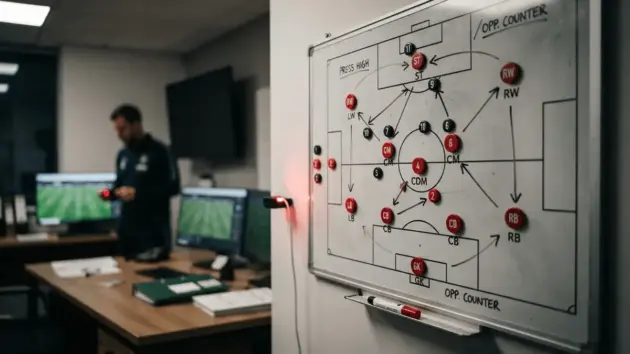 Football tactical board showing formation strategy with red and black markers on white surface