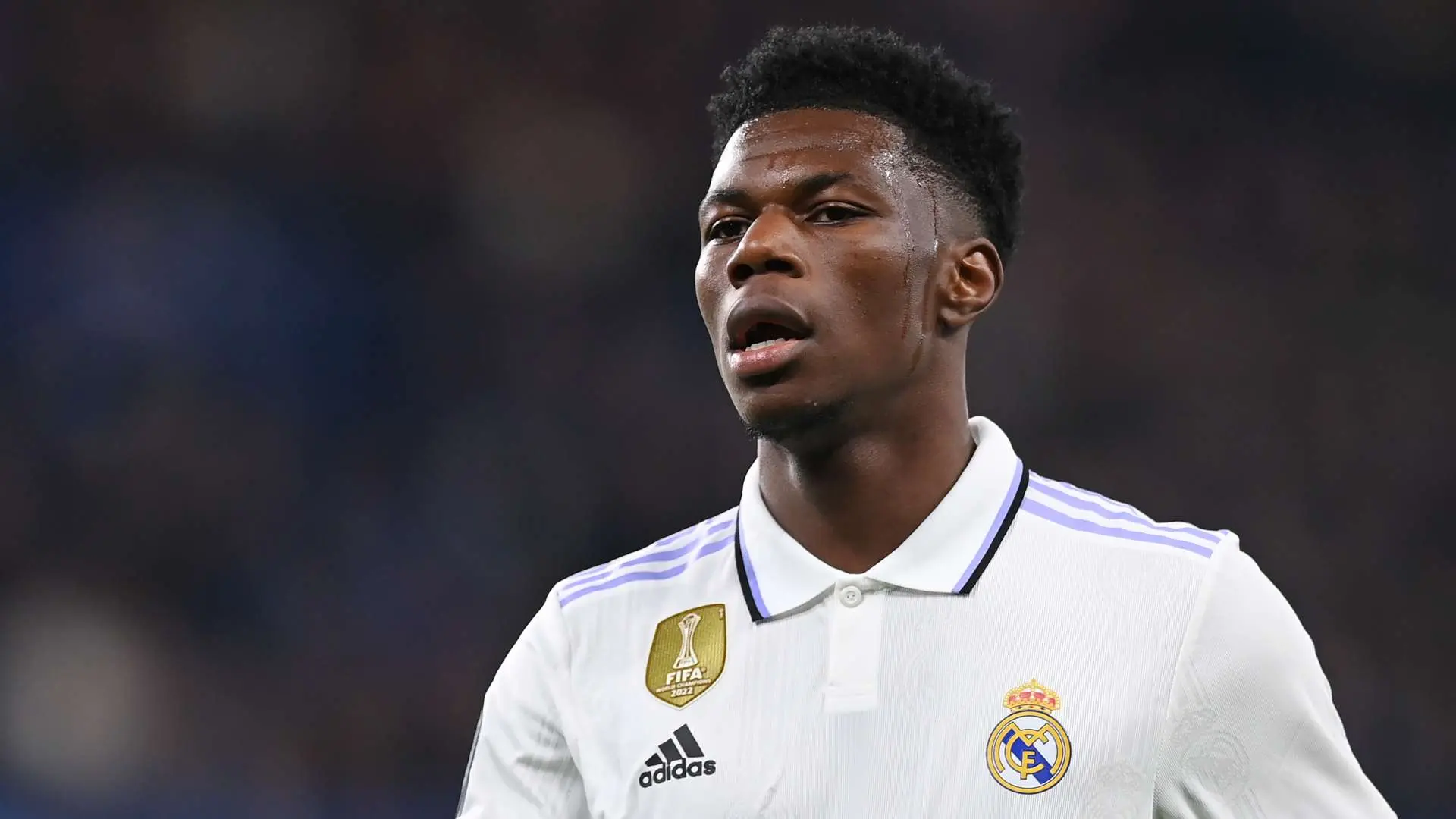 Aurelien Tchouameni in a Real Madrid jersey during a match.
