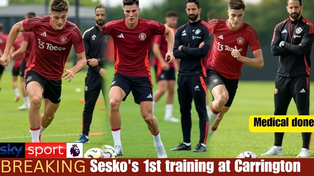Benjamin Sesko in a Manchester United training kit during a session at Carrington.