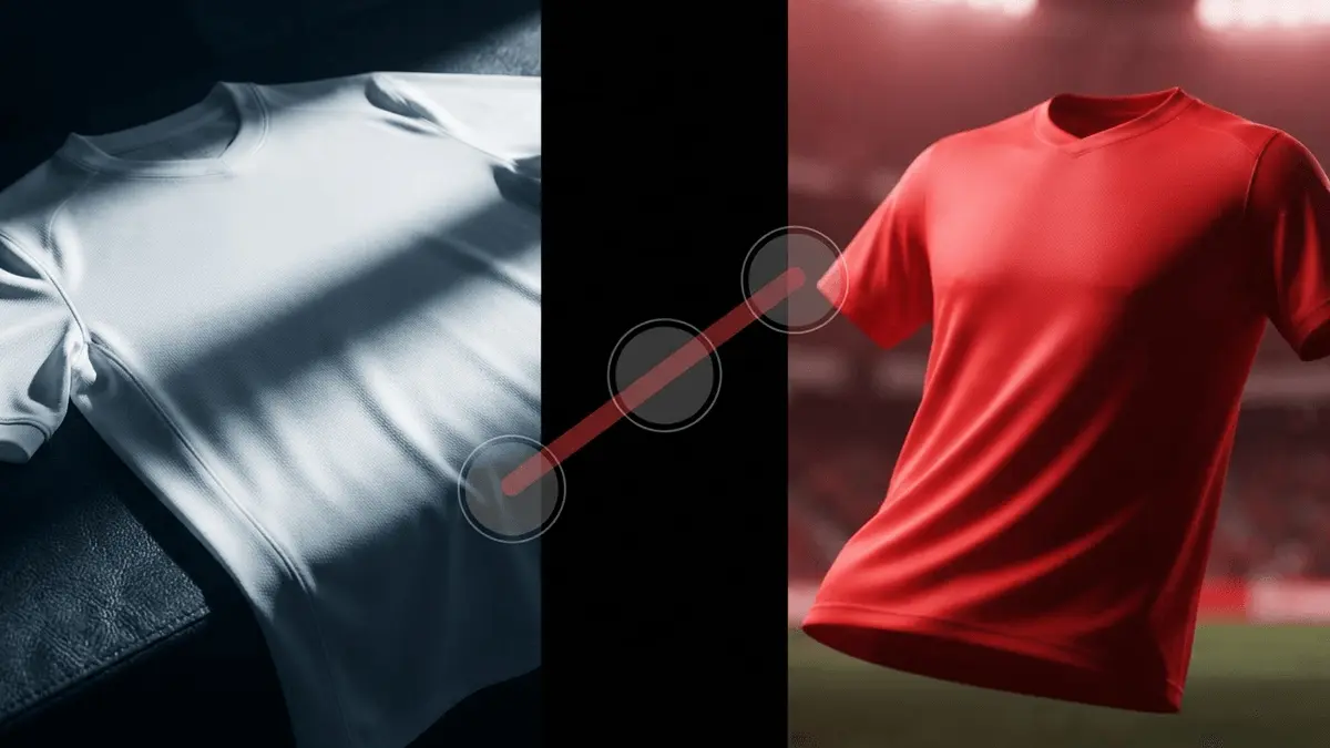 Real Madrid and Manchester United jerseys with tactical positioning diagram showing midfield and left-back roles